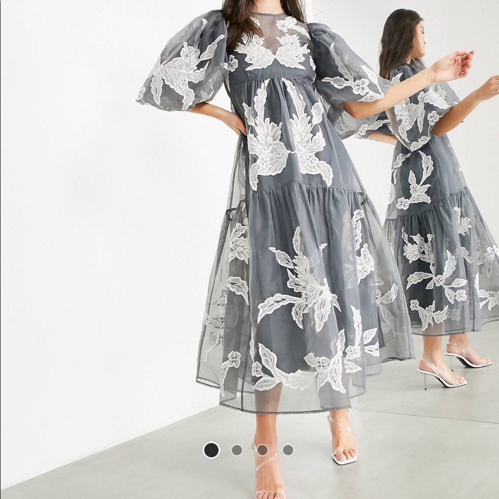 ASOS Sheer Gray Midi Dress with White Floral Design